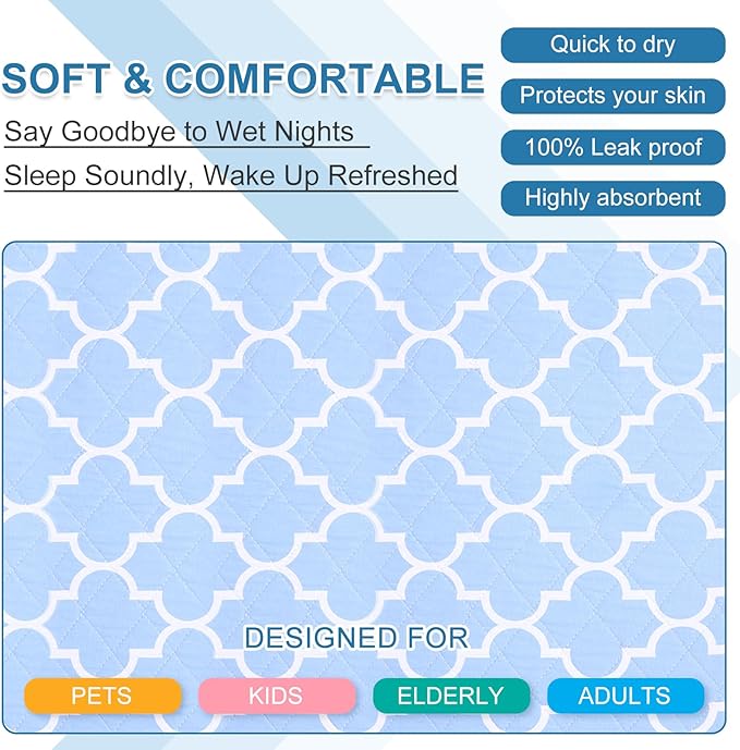 OUTCREATOR® Washable Bed Pads 34" x 76" (Pack of 2), Incontinence Mattress Protector, Anti-Slip Waterproof Underpads for Adults Kids Elderly Pets, Absorbency & Reusable Bedwetting Pads (Blue)