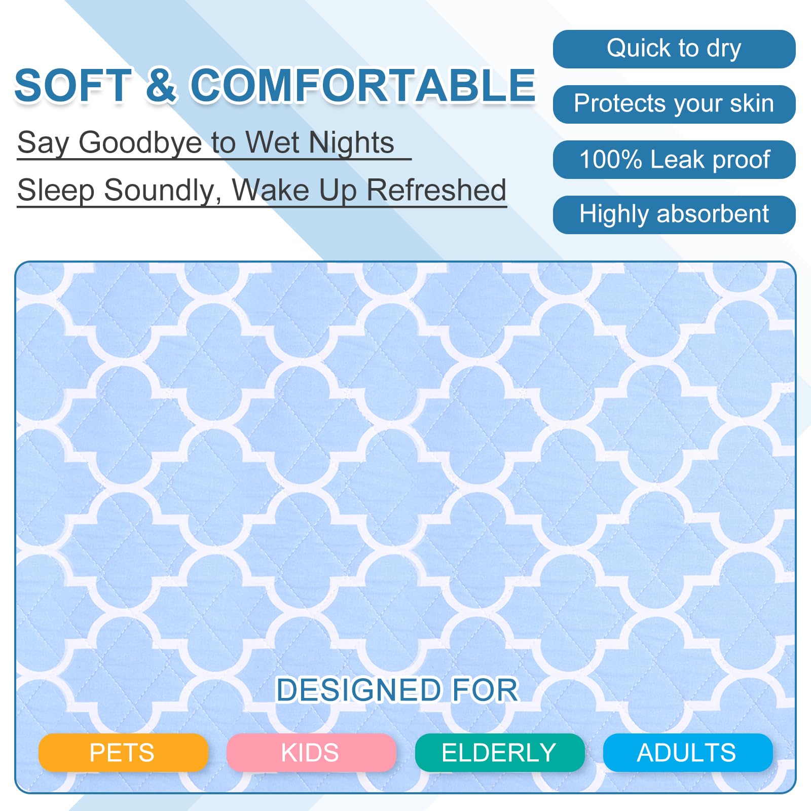 OUTCREATOR® Washable Bed Pads 34" x 76" (Pack of 2), Incontinence Mattress Protector, Anti-Slip Waterproof Underpads for Adults Kids Elderly Pets, Absorbency & Reusable Bedwetting Pads (Blue)
