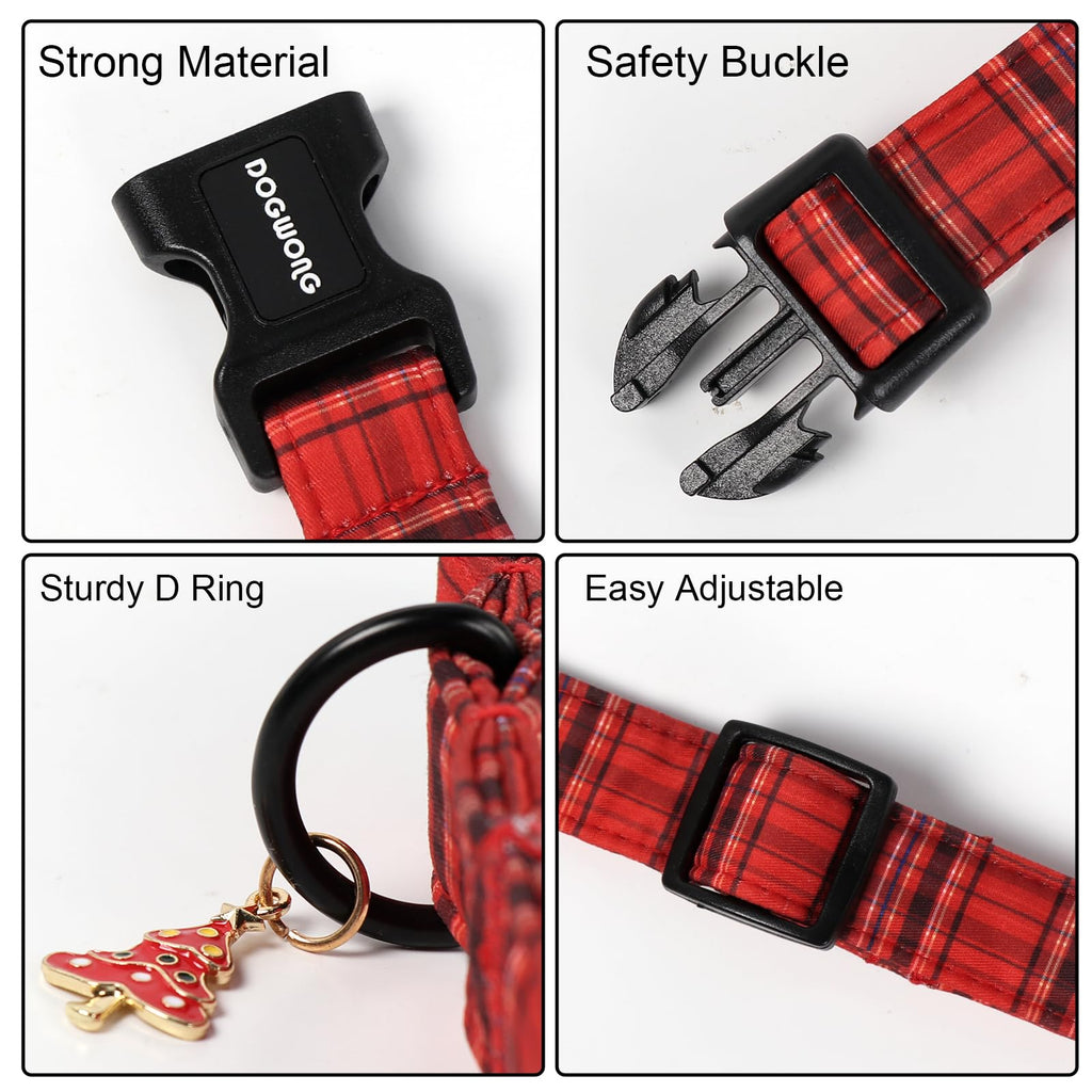 DOGWONG Christmas Plaid Dog Collar, Cute Adjustable Red Tartan Collar, Red Grid Dog Collar with Strong Plastic Buckle for Small Medium Large Dogs,XL