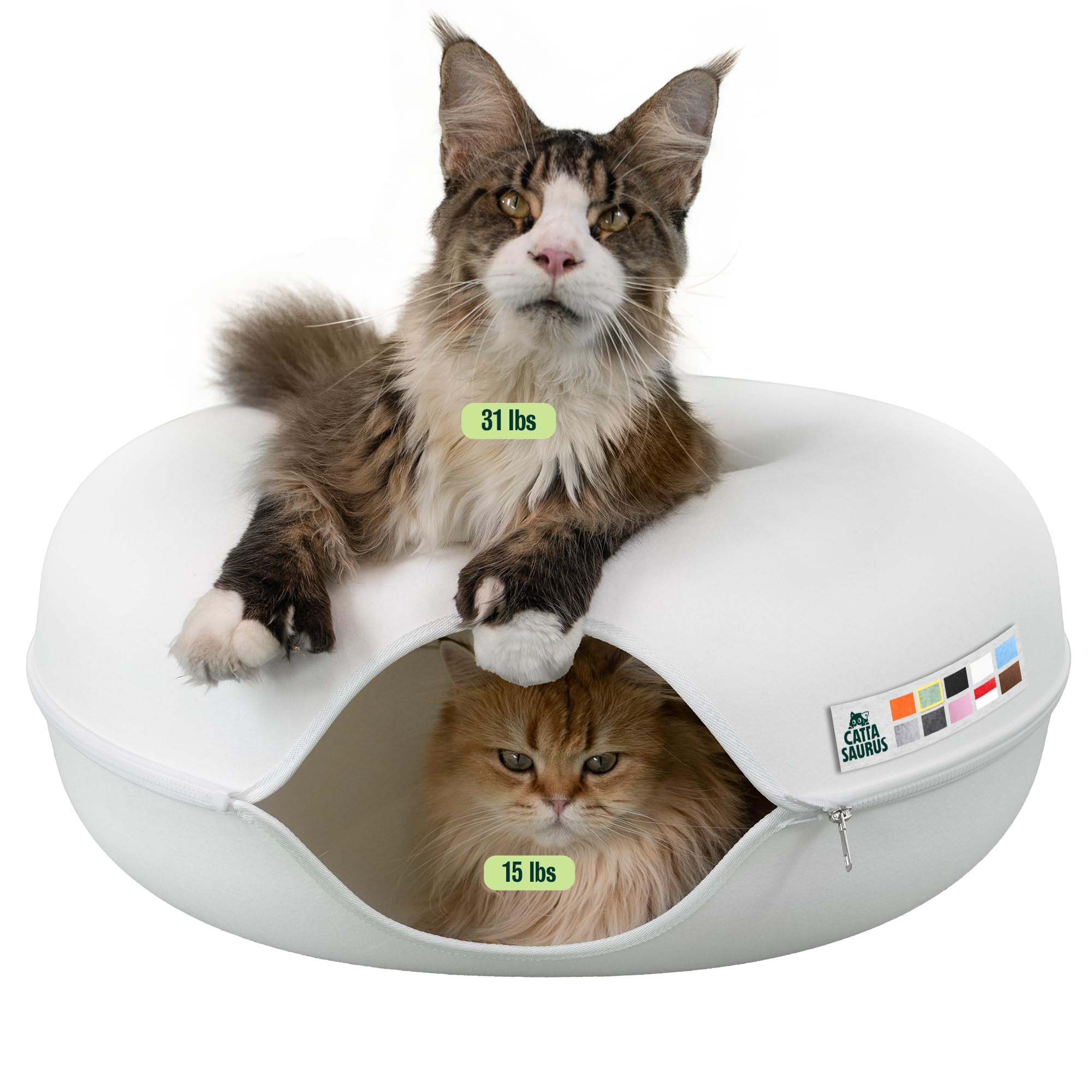 Cattasaurus Peekaboo Cat Cave, Extra Spacious for Multiple & Large Cats 15+ lbs, Scratch Detachable Cat Beds for Indoor Cats, Washable Tunnel Bed, Comfy Donut Tunnel (White, Jumbo)