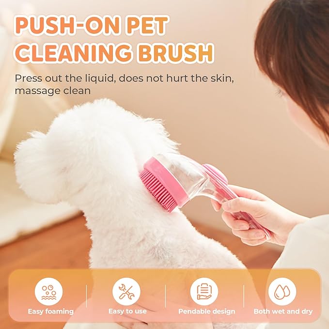 Pet Bath Brush, 2025 New 2 in 1 Dog Bath Brush with Built-in Shampoo Dispenser, Pet Wash Brush for Bathing Dog Grooming Massage Brush for Long Short Haired Dogs Cats Shower (Yellow, Fine teeth)