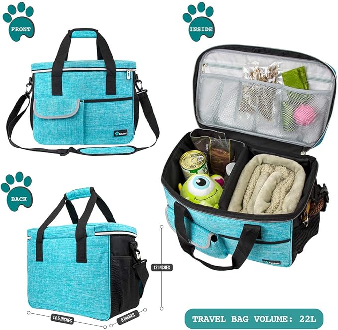 PetAmi Dog Travel Bag Organizer, Pet Supplies Diaper Tote, Teal Blue Medium