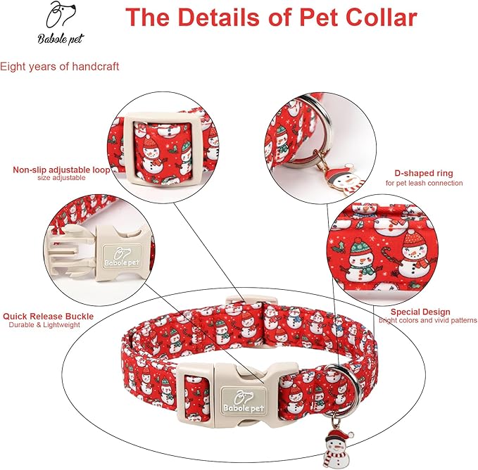 Babole Pet Christmas Dog Collar - Cute Red Snowman Christmas Puppy Collar with Safety Buckle, Soft Adjustable Holiday Dog Collars for Small Medium Large Dogs S