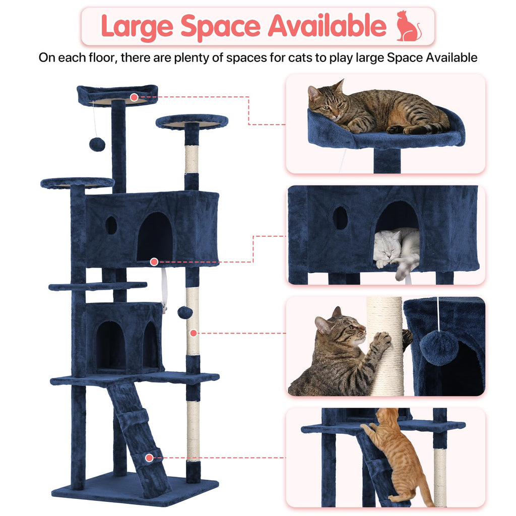 70in Cat Tree Cat Climbing Tower with Scratching Post, Cats House Perch Kitten Tree Condo Wood Playhouse, Pet Trees Tower for Indoor Cats, Navy Blue