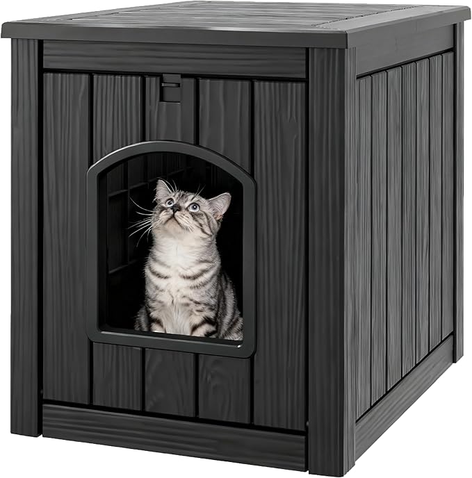 WTFGO Cat Litter Box Enclosure, Plastic Hidden Litter Box Side Table with Openable Front Door, Waterproof & Weatherproof Cat House for Indoor & Outdoor Use (Gray)