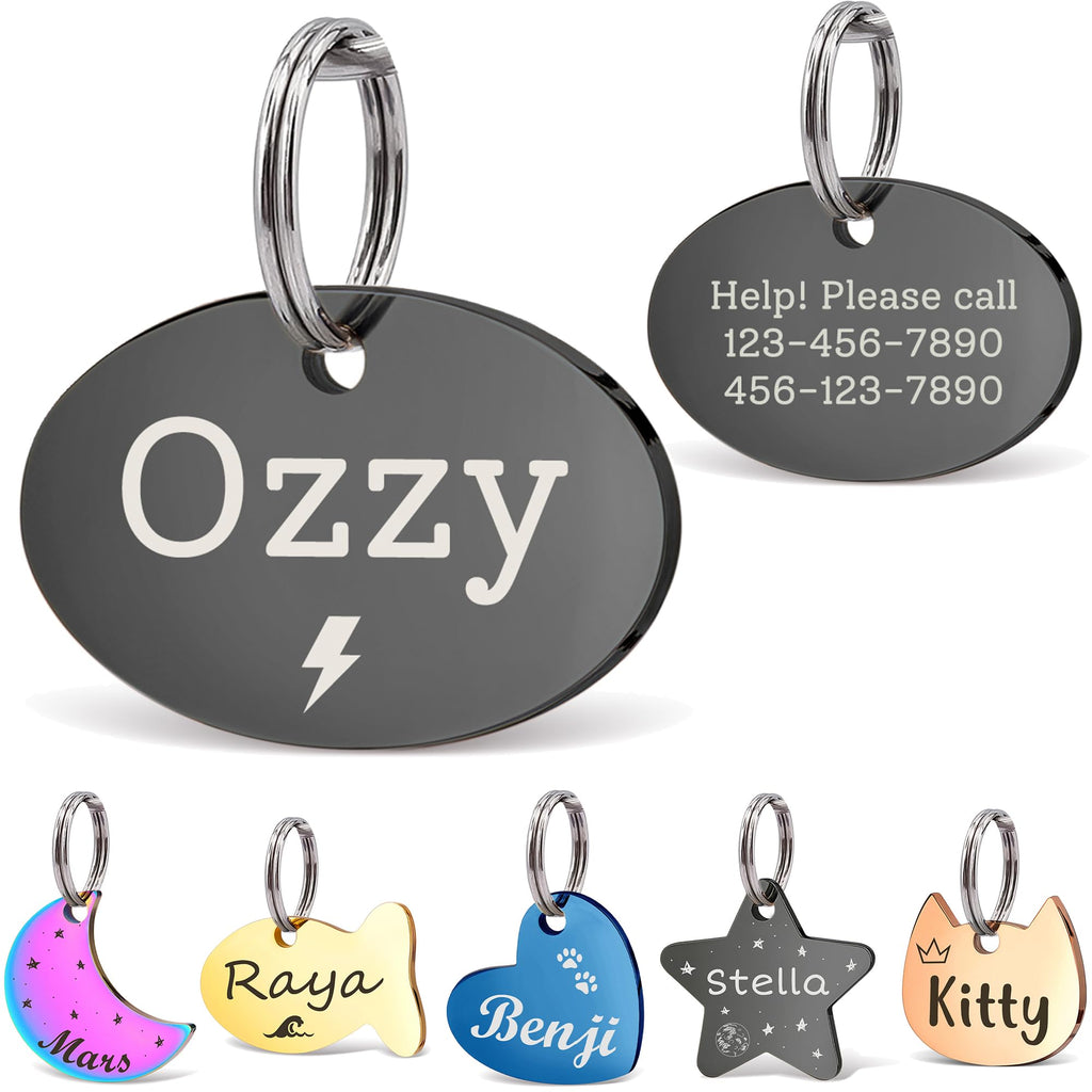 Anavia Small Size Dog Cat ID Tags, Small/XS Personalized Color Plated Stainless Steel Puppy Kitten Name Tags, Customized Engraved Nameplate Pet Collar Tag (Black, Oval)