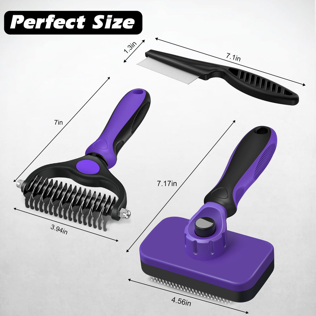 Professional 3PCS Self Cleaning Slicker Brush & Pet Grooming Rake & Flea Comb for Dogs,Cats and Horses | Double-Sided Dematting Comb & Skin Friendly Deshedding Grooming Tool | Pet Supplies (Purple)
