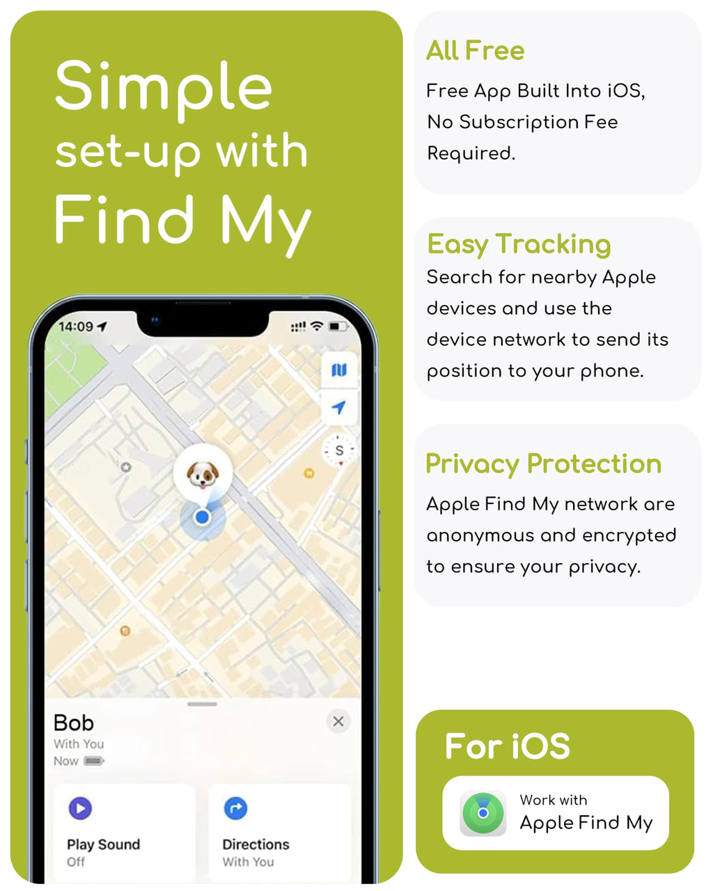 TRESBUNNY Dog Tracker, Smart Dog Collar with Real-time Pet Location, Cat Tracker Collar (iOS Only), No Monthly Fee & Long Battery Life, Works with Find My, Ideal for Dog/Cat