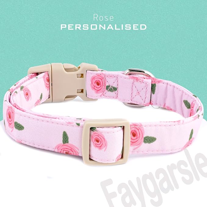 Faygarsle Pink Floral Dog Collar with Roses Pattern, Spring Summer Design for Small Medium Large Dogs, S