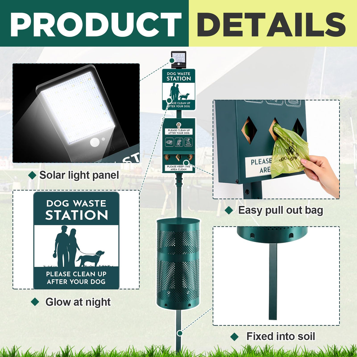 Tujoe Dog Waste Station with Solar Panels Outdoor Light Up at Night,Galvanized Steel Dog Trash Bin Dispenser,Rust Proof LED Pet Station for Commercial Park Backyard (with Trash Bin)