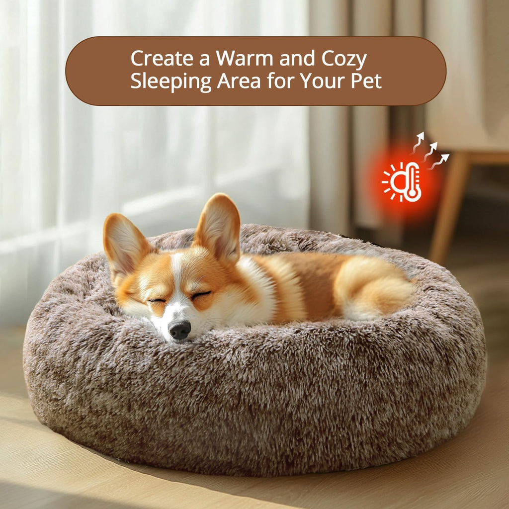 JOLLYVOGUE Calming Dog Bed Medium Size Dog, 31in Donut Washable Medium Pet Bed, Anti-Slip & Anti-Anxiety Fluffy Faux Fur Round Dogs Bed, Fits up to 45 lbs Pets (Smoke Brown)
