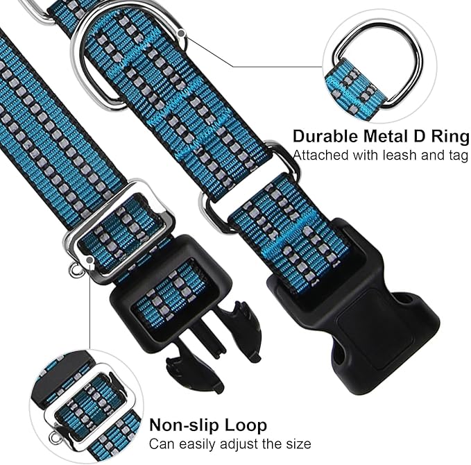 JOYEEIIOO Martingale Dog Collar, Adjustable Nylon Reflective Collar with Quick Release Buckle, No Pull Dog Training Collars for Small Medium Large Dogs (Gentian Blue, Small)