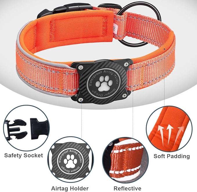 OKVSKO Airtag Dog Collar with Waterproof Air Tag Holder, Luminous Reflective, Soft Padded, Adjustable Nylon Pet Collar for Small Medium Large Heavy Duty Dogs,Orange, XL