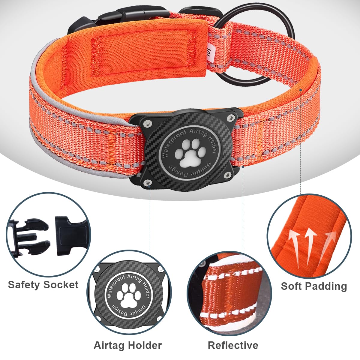 OKVSKO Airtag Dog Collar with Waterproof Air Tag Holder, Luminous Reflective, Soft Padded, Adjustable Nylon Pet Collar for Small Medium Large Heavy Duty Dogs,Orange, M