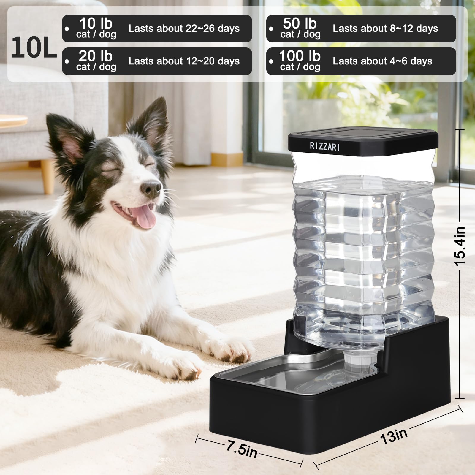 RIZZARI 10L Gravity Dog Water Bowl Dispenser: Wide Mouth Filter-Free Design