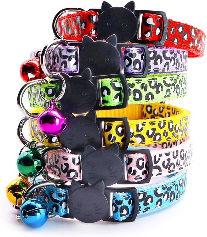 Reflective 2 Pack Breakaway Cat Collars with Bell Leopard Pattern Cute Kitty Adjustable 7.5-12.5 Inch Safe Kitten Collars Charms (Pink)