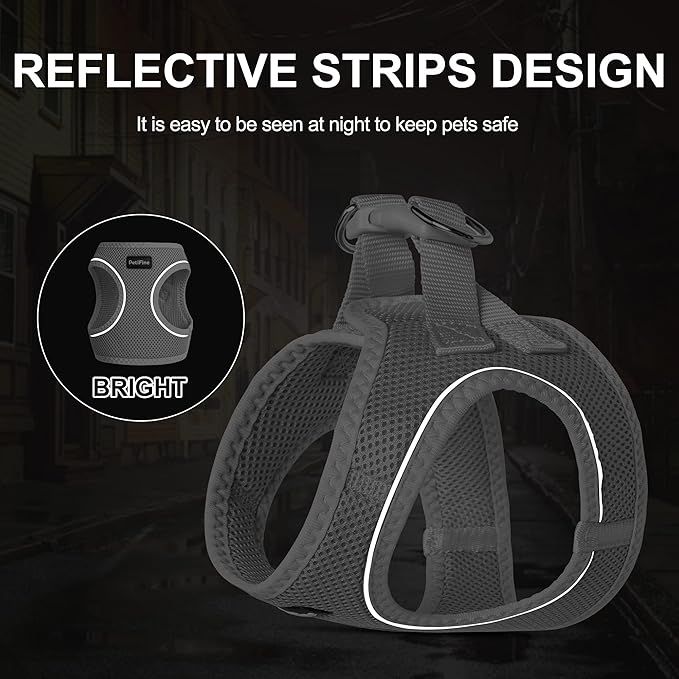 PetiFine Extra Small Step in Dog Harness and Leash Set, Cat Harness and Leash Escape Proof, All Weather Mesh Reflective, Step-in Air Vest Harnesses for Puppy(XXXS, Grey)
