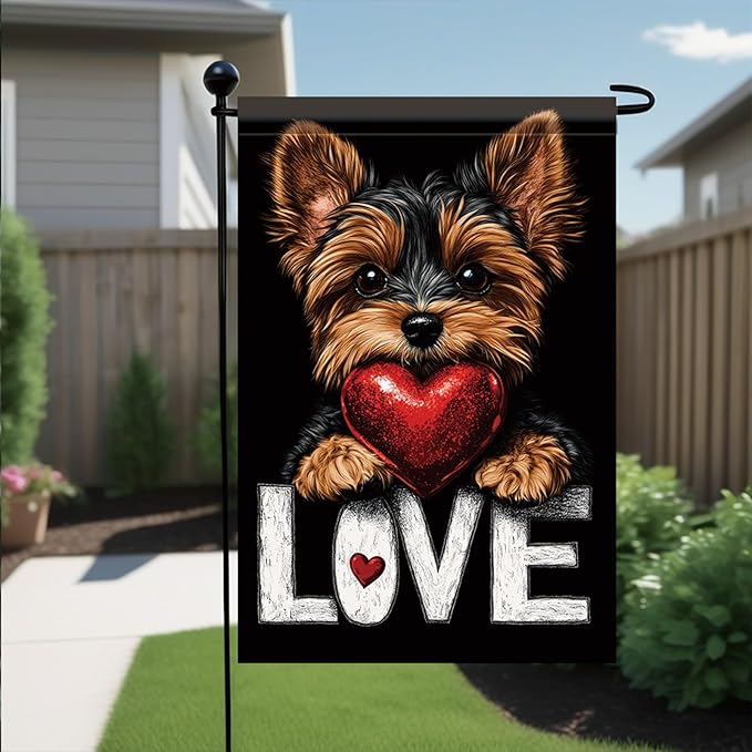 Starlit Patio Cute Kasha Dog Garden Flag Holding Red Heart Love Sign Double Sided Yard Banner 12x18 Inch Romantic Outdoor Decoration for Lawn Patio Dog Lover Gift Valentine Anniversary Seasonal Flag