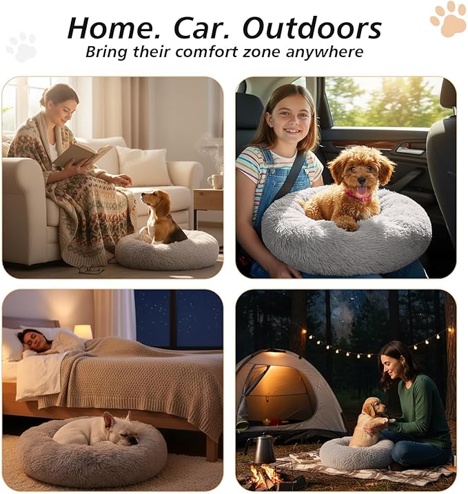 JOLLYVOGUE Small Dog Bed, Calming Dog Beds for Small Dogs & Indoor Cats - 20 Inches Donut Washable Cat Bed for Kittens & Puppies, Round Fluffy Plush Faux Fur Pet Beds(Smoke Grey)