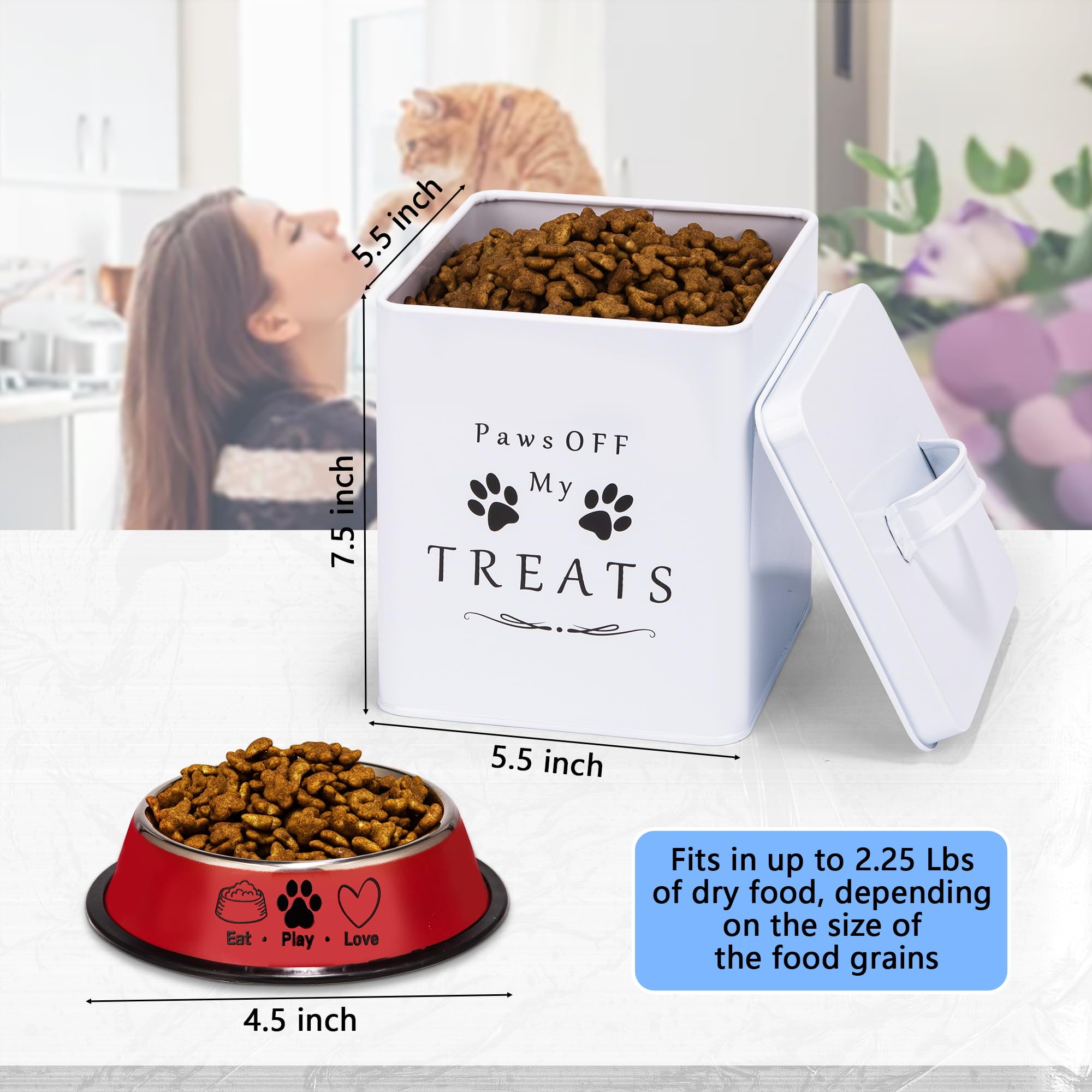 Meraki Home Farmhouse Cat Food and Treats Containers + Feed Scoop + Pet Food Bowl - Tight Lids - Large Metal Storage Bin - Great Gift for Cute Pets (Glossy White)