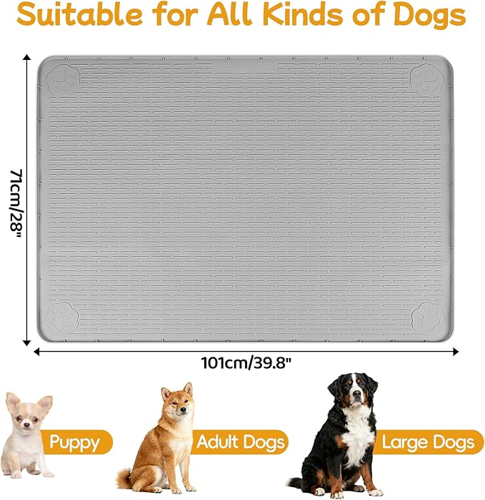 Lanstics Dog Food Mat 40" x 28" Large Silicone Mat with Raised Edge Gray