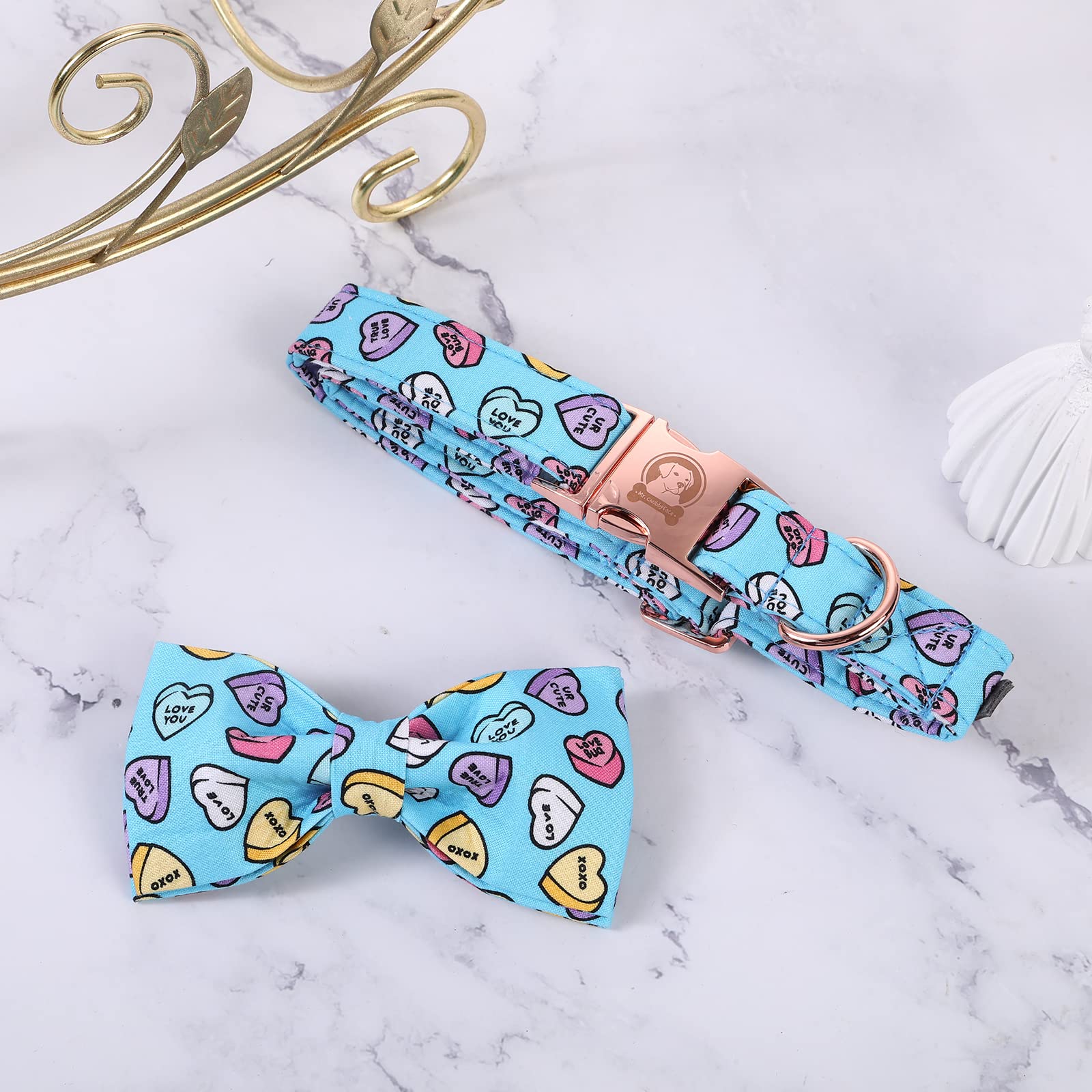 MR. CHUBBYFACE Valentine's Dog Collar with Bowtie, Cute Blue Heart Dog Collar with Metal Buckle, Adjustable Cotton Collar for Small Medium Large Dogs