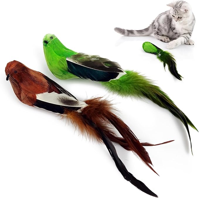 TTcat 2 Pack Realistic Bird Cat Toys, Natural Feather Simulated Bird Kitten Interactive Hunting Play Toy, Lightweight Indoor Cat Exercise Toy for Indoor Cats and Kitten.