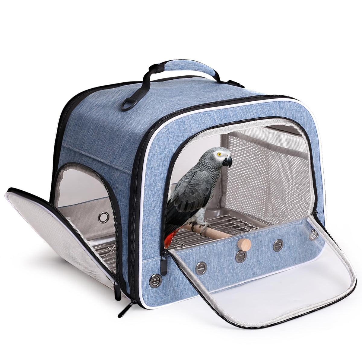 Cylindrical Portable Bird Carrier Travel Cage with Stands and Tray (Grey, Medium Carrier)