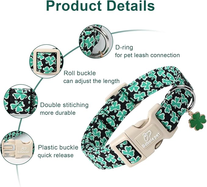 Babole Pet St Patricks Day Dog Collar for Large Dogs - Green Lucky Shamrock Boy Dog Collars, Irish Clover Pattern Black Male Puppy Collar with Quick Release Buckle L