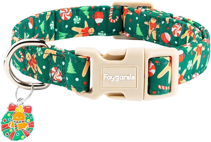 Faygarsle Christmas Dog Collar, Green Gingerbread Pattern, Holiday Pet Accessory, for Small Medium Large Dogs, M