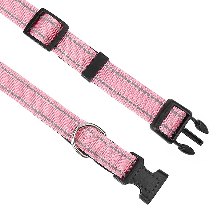 PWOD Reflective Dog Collar, Adjustable Soft Neoprene Padded Nylon Pet Collars with Buckle for Extra Large Dogs, Light Pink,XL