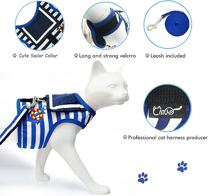 Cat Harness and Leash for Walking Escape Proof, Adjustable Cat Vest Harness, Padded Stylish Cat Walking Jackets, Sailor Suit Navy, X-Small