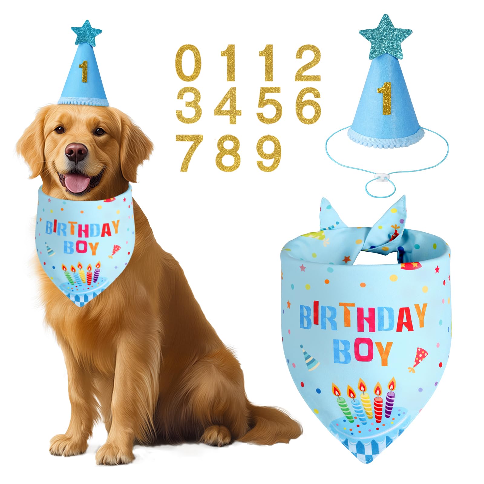 Agroon Blue Dog Birthday Set with Hat Bandana Numbers for Pet Puppy Boy