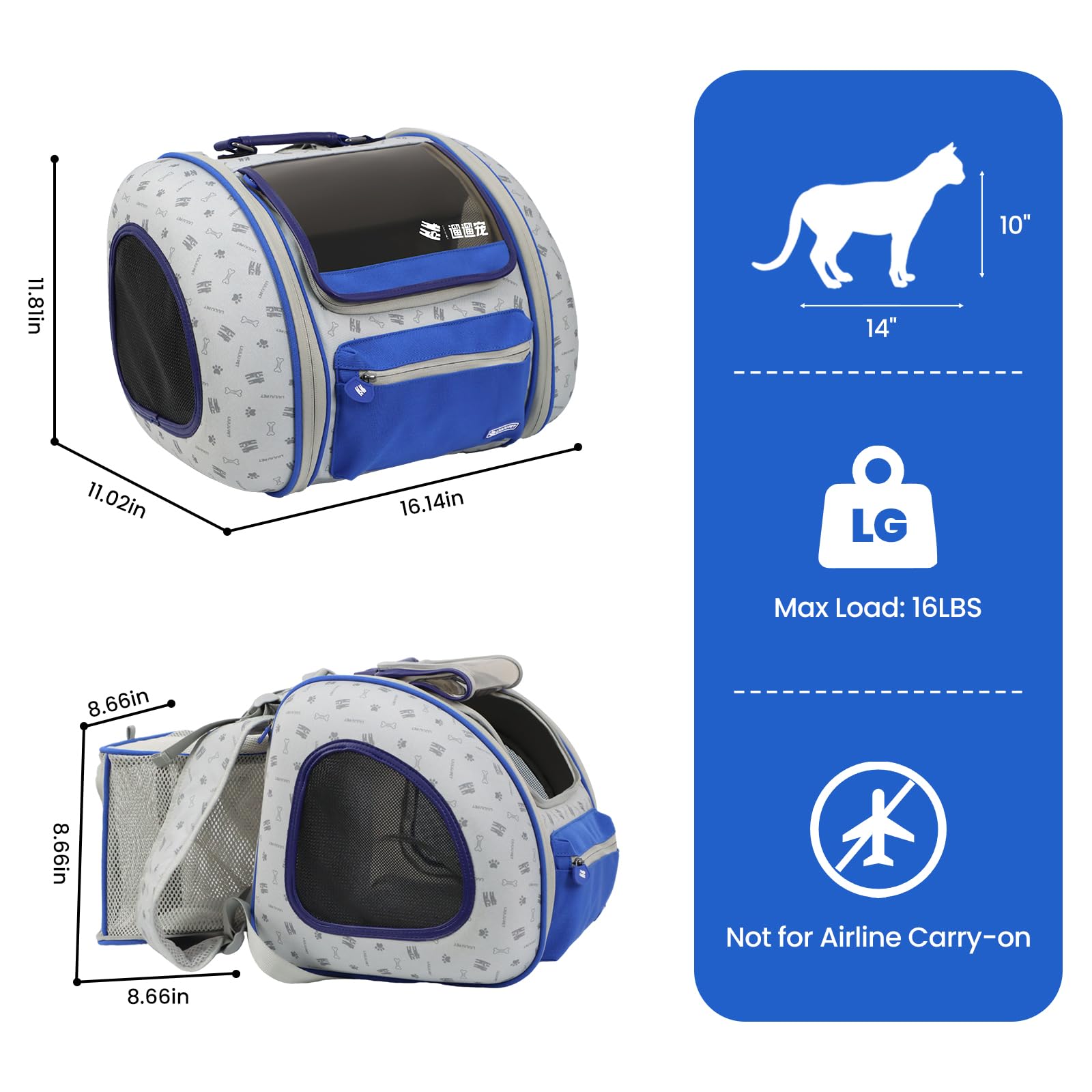 LIULIUPET Cat and Dog Backpack Carrier, Foldable Breathable Pet Carrier Backpack with Mesh Ventilation, Large Portable Outing Traveling Pet Bag for Small, Medium Cats, Small Dogs, Blue