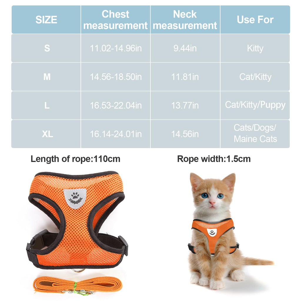 shudyear Summer cat Chest Harness and Leash, Anti-Escape Adjustable Soft mesh cat Leash and Chest Harness Set for All Types of Cats cat Vests (Size M, Orange)