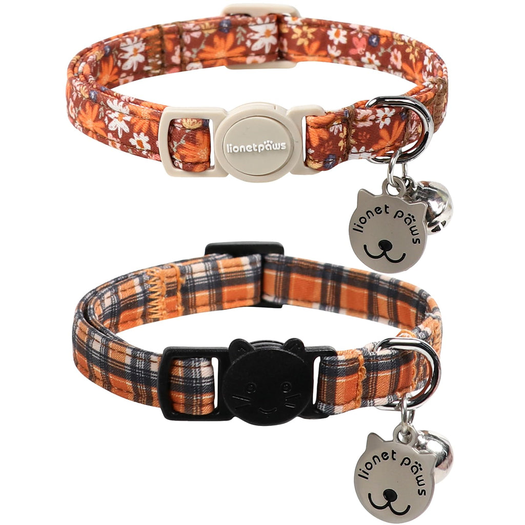 Lionet Paws 2pcs Pack Halloween Cat Collar,Brown Blossoms and Black Brown Grid with Breakaway Buckle,Cute Adjustable Cat Kitten Collar,Ideal for Girl Cats