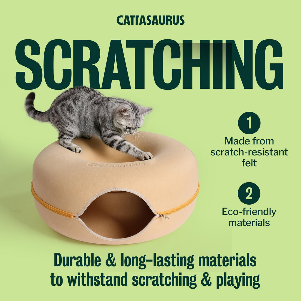 Cattasaurus Peekaboo Cat Cave Donut for Multiple & Large Cats up to 30-45 lbs, 3-in-1 Self Warming Cat Bed, Tunnel & Scratcher for Indoor Cats, Washable & Detachable Dog Bed (Pastel Macaron, Large)