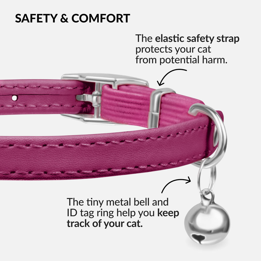 Soft Leather Cat Collar with Safety Elastic Strap - Pink