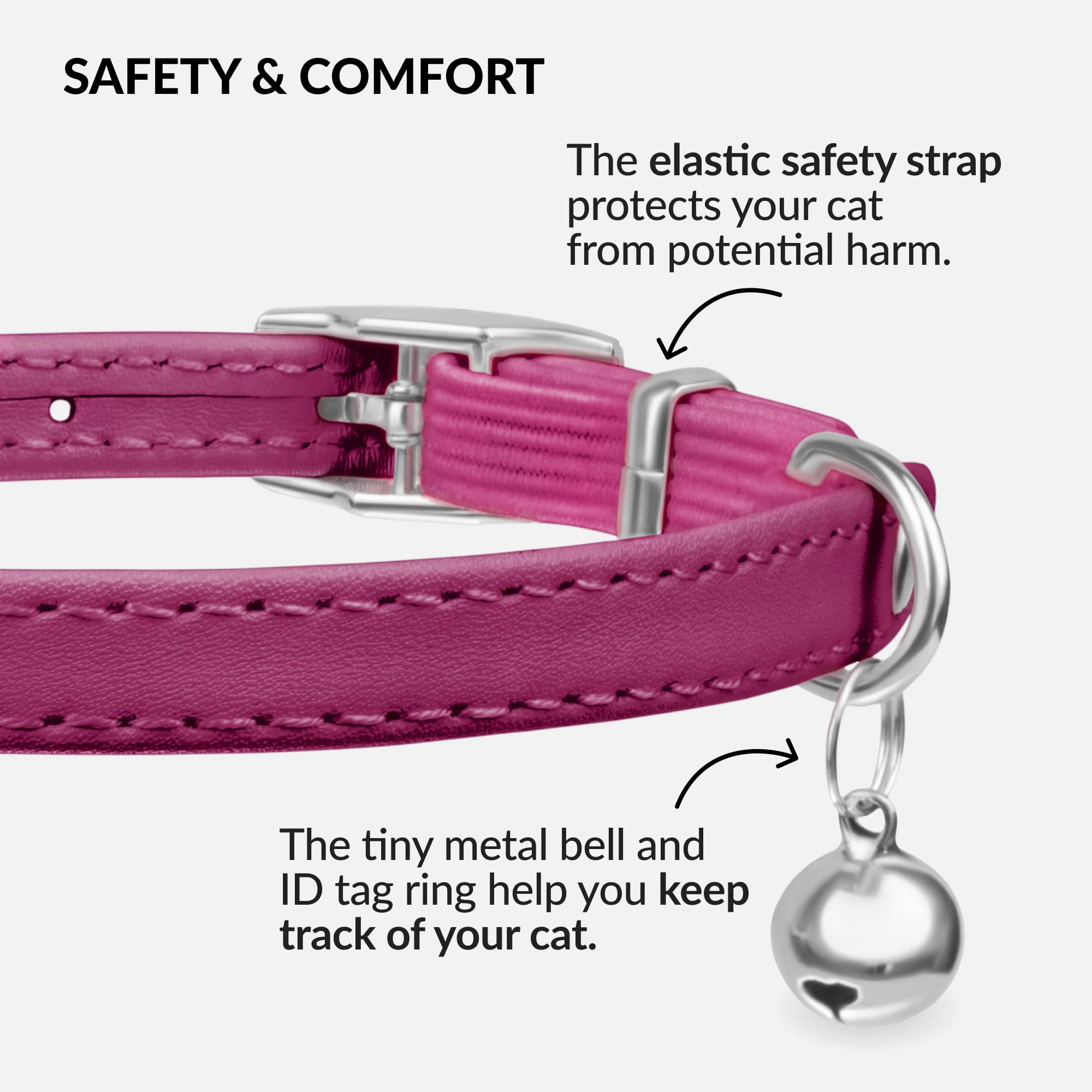 Soft Leather Cat Collar with Safety Elastic Strap - Pink