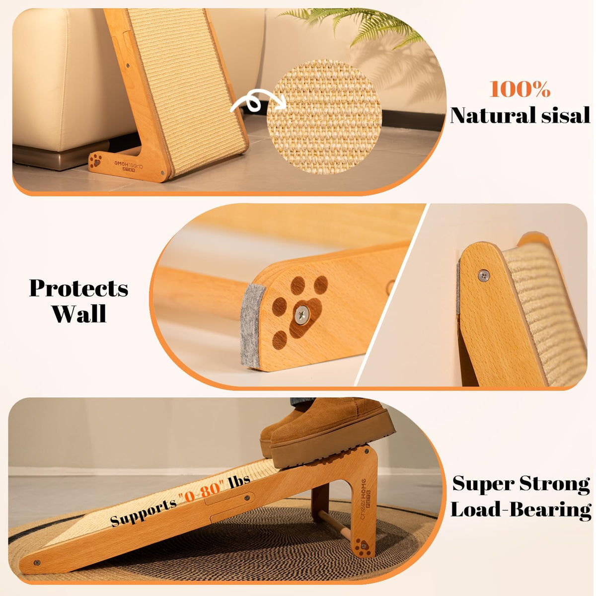 CHEERHOME PETS Sisal Cat Scratcher Ramp for Indoor L-Shape Solid Wooden