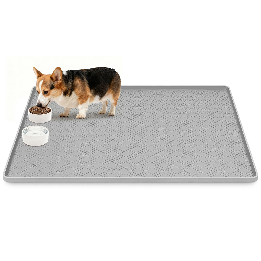 Lanstics Dog Food Mat 42" x29" Silicone Mat with Raised Edge Light Gray