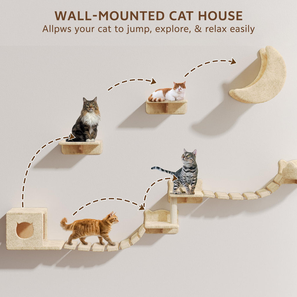 Homiflex 13-in-1 Cat Wall Shelves, Moon & Bridge Cat Wall Furniture, Beige