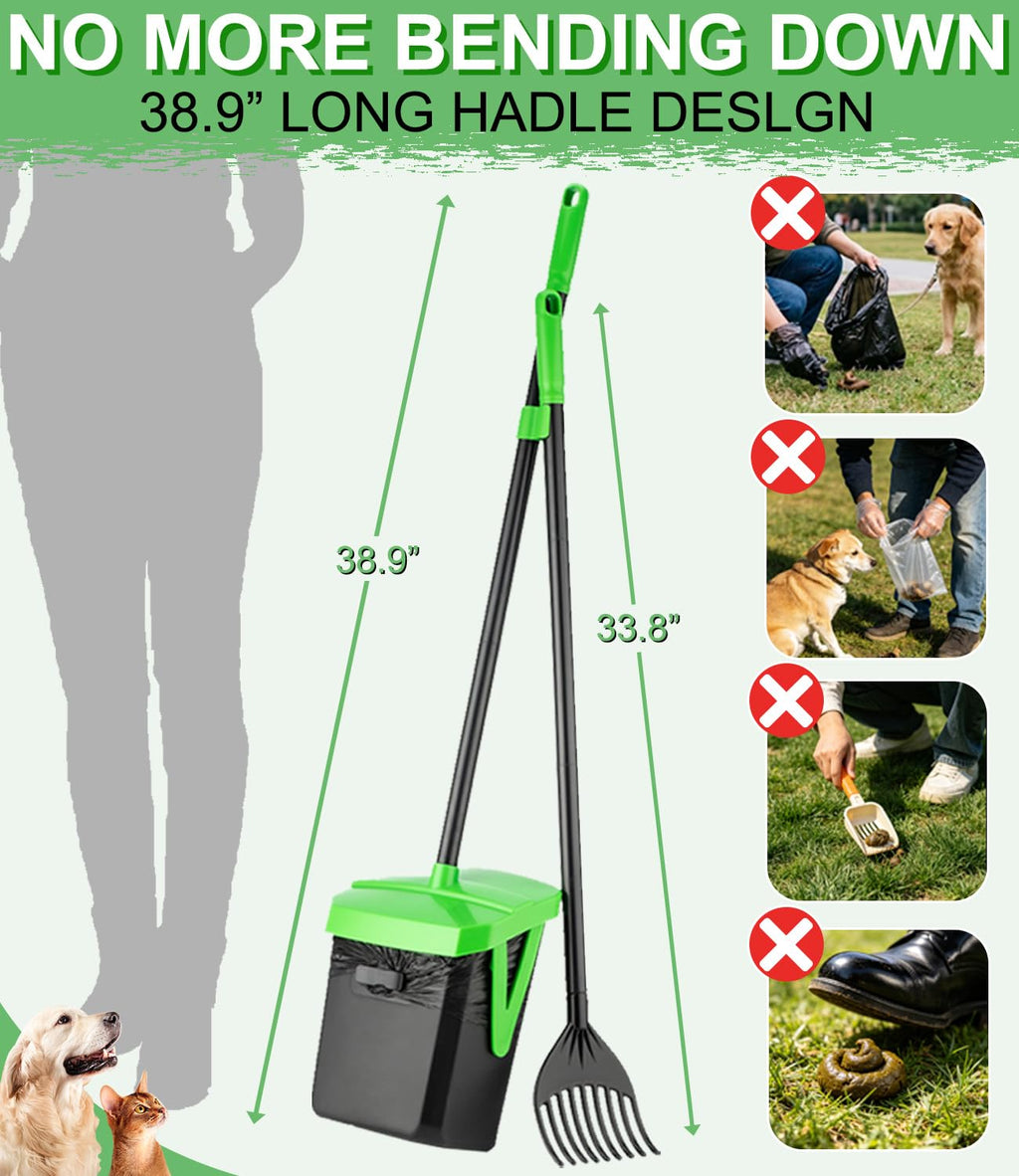 FUSBUNTY Dog Pooper Scooper, Swivel Bin & Rake Set with 100 Waste Bags