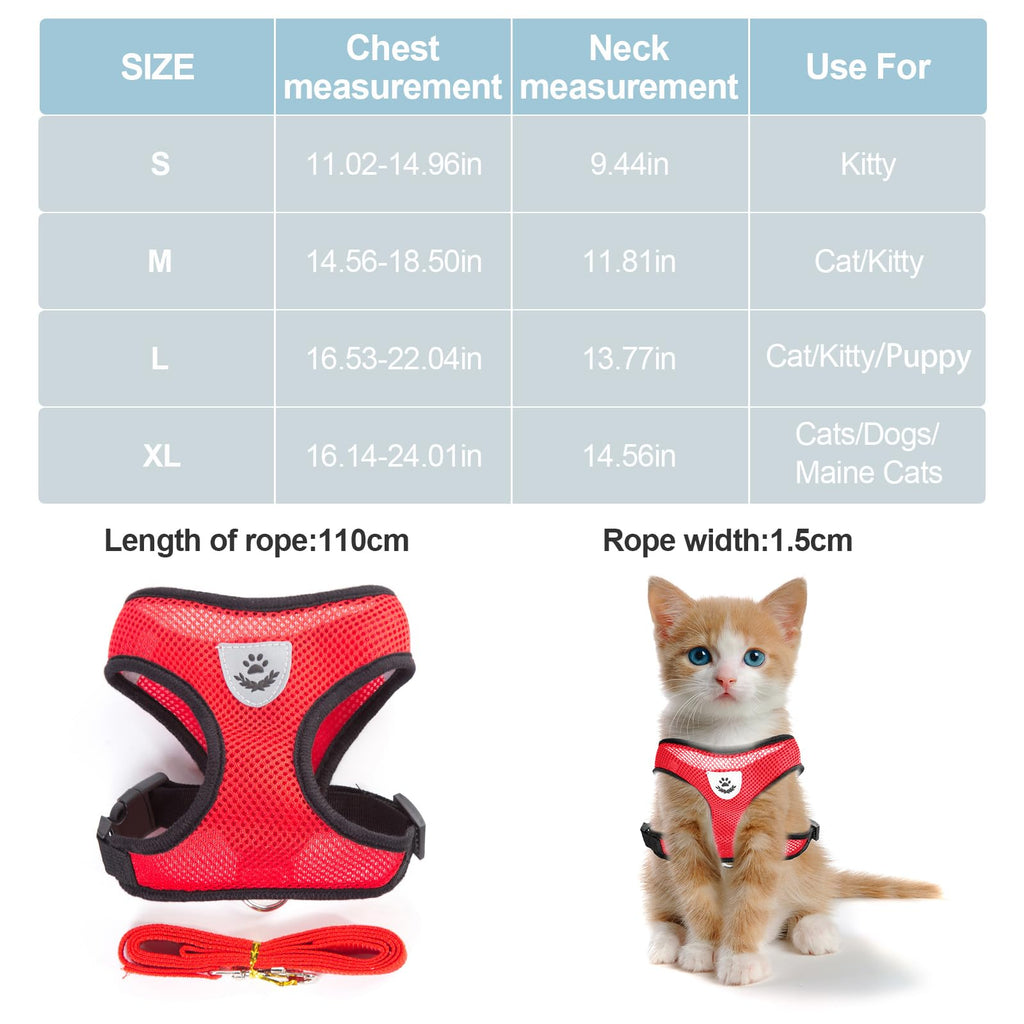 shudyear Summer cat Chest Harness and Leash, Anti-Escape Adjustable Soft mesh cat Leash and Chest Harness Set for All Types of Cats cat Vests (Size L,Red)