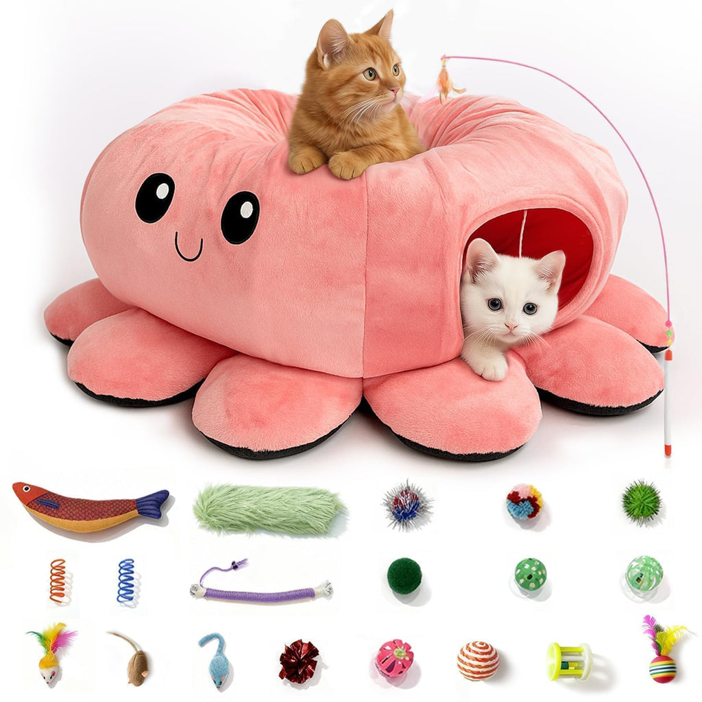 VIEFIN Cat Tunnel Bed with 20 Cat Toys, Collapsible Play Tunnel for Indoor Cats, Kitten Toys for Indoor Kittens, Octopus Shaped