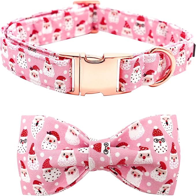 Bobo Rainbow Dog Collar, Christmas Pink Santa Claus Cotton Pet Collar Bow Holiday Girl Boy Cute Puppy Collar Adjustable Pet Collar for Medium Dogs