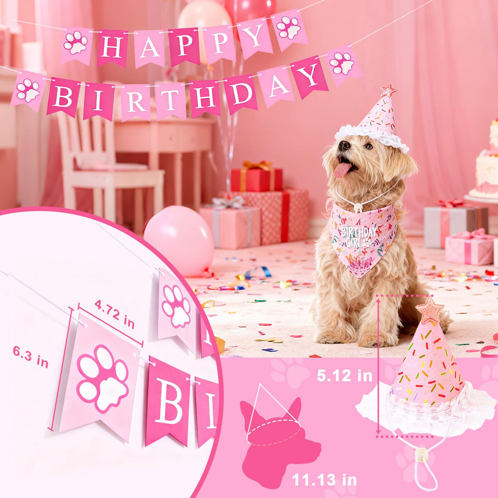 Dog Birthday Party Decorations, Adjustable Dog Bandana Set with Hat, Numbers, Banner for Pet Party Supplies Festive Accessories Large Medium Small Pet Puppy Dogs, Pink