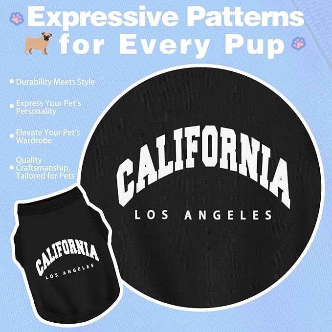 Discover Cozy Cotton Canine Wear: Soft, Lightweight, and Breathable Dog Shirt Vest with Eye-Catching Graphics(California), Keeping Your Furry Friend Warm and Comfy! Black XXS
