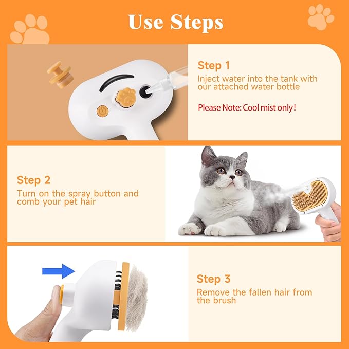 Pet Steam Brush for Dog & Cat – shower bath brush – Steam for Shedding & Grooming Water Brush for Long & Short Haired Pets Spritz Defur Comb 3-in-1 Spray Hair Removal Comb Includes 2*Waterless Shampoo