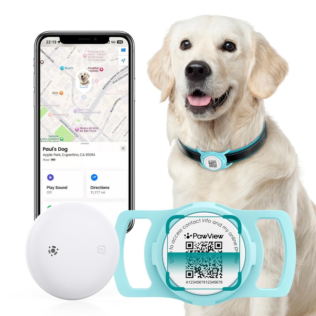 PawView Smart Pet Tracker for Collar - Dog Trackers Location for Pet with Holder, No Monthly Fee, Real-Time Tracking, iOS Only, Emergency Contact, Long-Lasting, Anti-Lost Tracker for Cats, Bag Straps